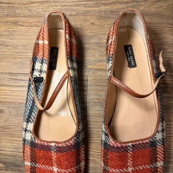 Kate Spade Plaid Mary Jane Flats Leather Trim 9.5 - Picture 3 of 12